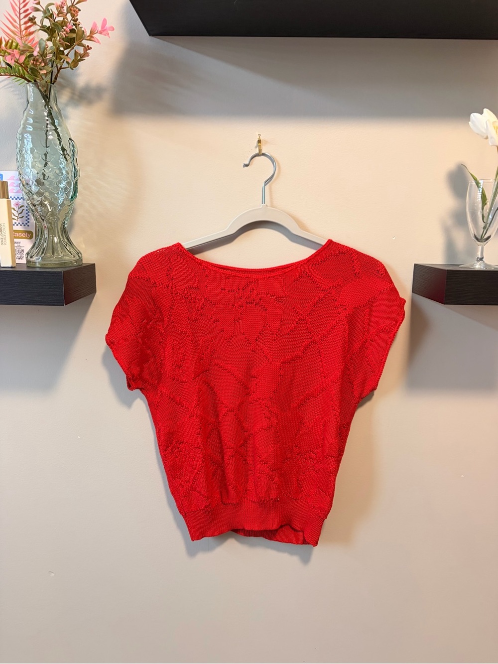 Red Short-Sleeve Knit Top - Lightweight Summer Sweater
